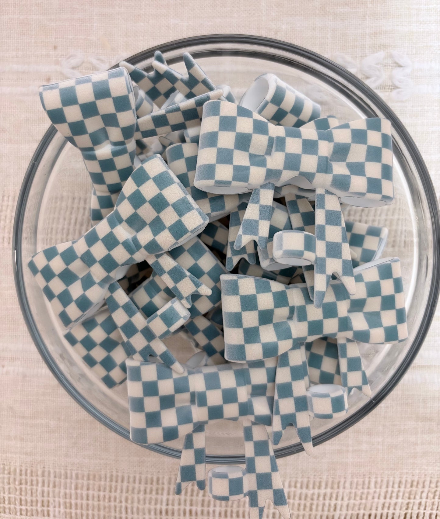 Blue and Cream Checkered Silicone Bow Straw Topper