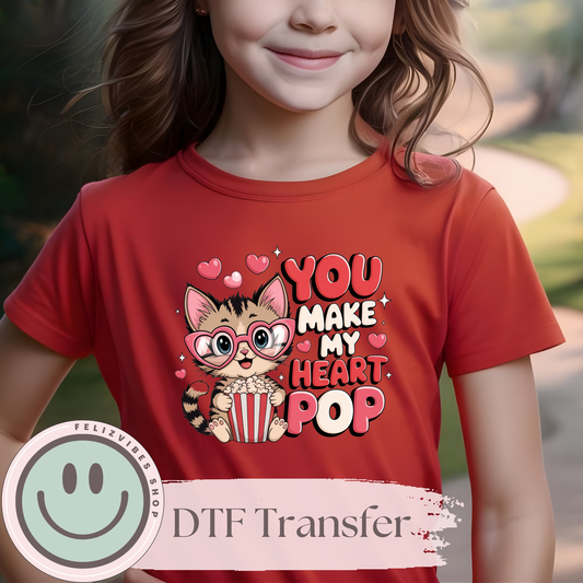 Cat Make My Heart Pop Kids DTF Print