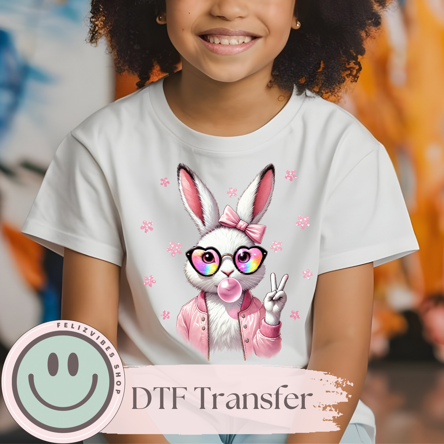 Cute Pink Bunny Kids DTF Print