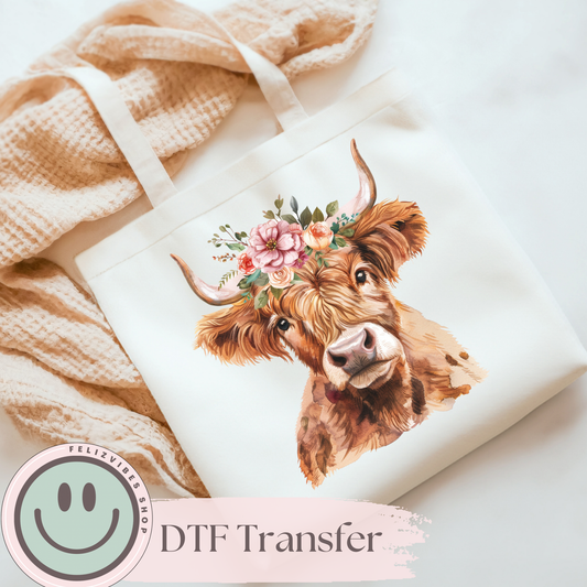 Highland Cow Flower DTF Print