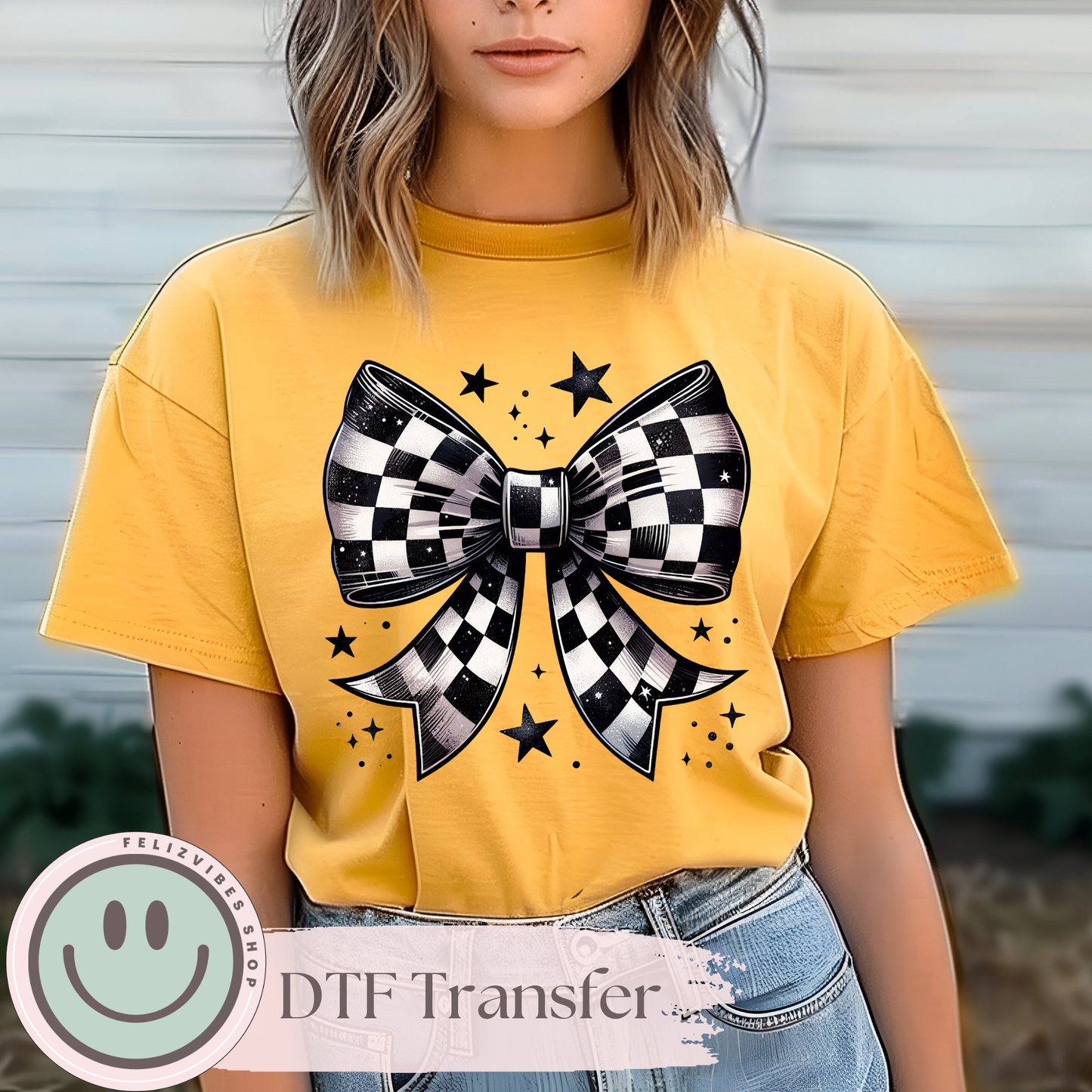 Black & White Checkered Bow DTF Print (11 inches)